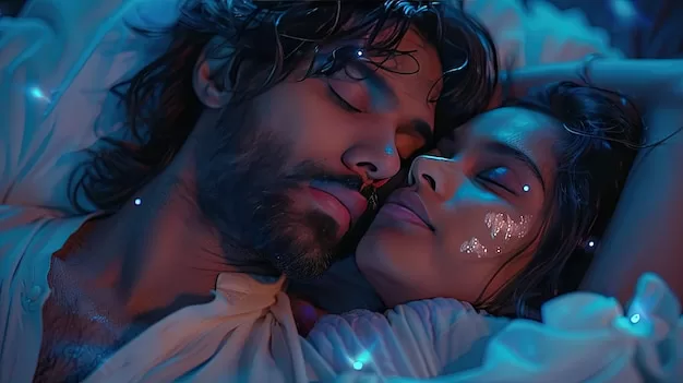 Um Casal Deitado Na Cama, Sorrindo E Relaxado, Com A Palavra 'Love' Escrita Em Seus Peitos.