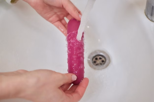 Uma Jovem Lavando Um Brinquedo Sexual Na Pia De Casa, Enfatizando Dicas De Manutenção Para Vibradores.